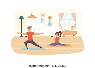 Pair yoga at home scene. Man doing balance position, woman exercising in asana. Sport activities, meditation, healthy lifestyle concept. Vector illustration of people characters in flat design