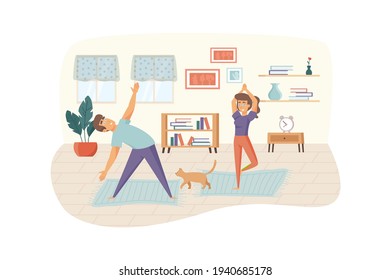 Pair yoga and home workouts scene. Man and woman doing exercise, balance position. Sport activities, meditation, healthy lifestyle concept. Vector illustration of people characters in flat design