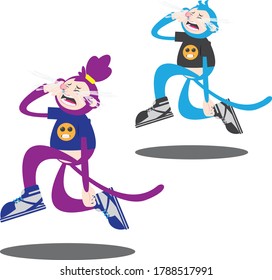 
a pair of young female and male apes who are running with very sad faces and unseemly tears