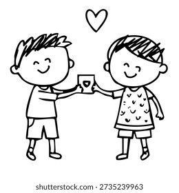 pair of young friends toasting with glasses and heart for friendship love
