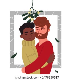 A pair of young guys hug under the branch of mistletoe. Cartoon characters isolated on white background. Vector illustration in the style of flat.