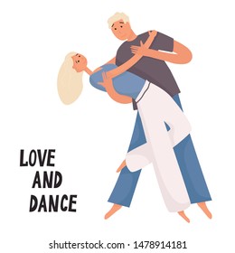 A pair of young lovers dancing. In the dance movement. Joint sports. A guy and a girl in neutral casual clothes in a tango pose. Vector flat illustration isolated on white background.