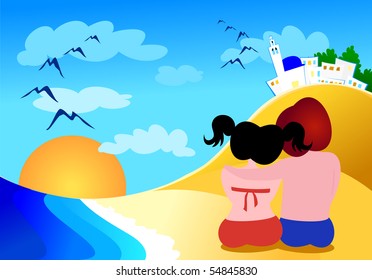 A pair of young lovers on the beach, vector