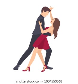 Pair of young man and woman dressed in elegant clothes dancing salsa isolated on white background. Male and female dancers demonstrating Latin American dance element. Flat cartoon vector illustration.