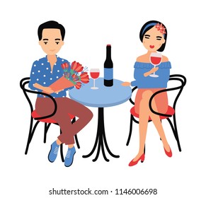 Pair Of Young Man And Woman Sitting At Table And Drinking Red Wine Together. Couple In Love At Romantic Date Or Meeting. Boy And Girl At Restaurant Or Cafe. Flat Cartoon Colorful Vector Illustration