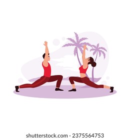 A pair of young sportsmen wearing sportswear warming up outdoors on the beach. Physical concepts. Trend Modern vector flat illustration