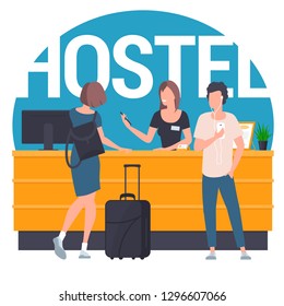 Pair of young travellers standing at reception lobby desk talking to receptionist. Guests with travel bag at hostel lobby. Flat design vector illustration template.