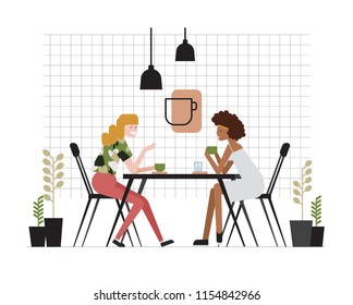Pair of young women of girlfriends sitting at table, drinking tea and talking. Friendly meeting and conversation at cafe. Funny cartoon characters. Colored vector illustration in flat style