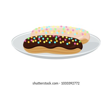 Pair of yummy glazed cakes bright vector illustration of oval pastry with tasty topping and chocolate with frosting on plate it isolated on white background