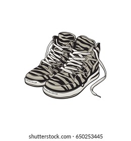 Pareja de zapatillas con estampado de cebra esbozan ilustración vectorial aislada en fondo blanco. Un par de zapatillas de estilo retro de los años 90, cultura pop de los 90