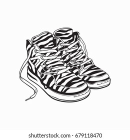 Pair of zebra patterned sneakers, sport shoes from 90s, sketch vector illustration isolated on white background. Hand drawn pair of old fashioned, retro style sneakers from nineties