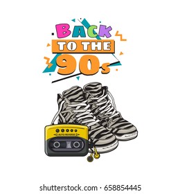 Pair of zebra sneakers and audio player from 90s, retro fashion icons, sketch vector illustration isolated on white background. Retro style sneakers and audio player, walkman from nineties