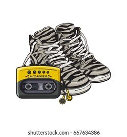 Pair of zebra sneakers and audio player from 90s, retro fashion icons, sketch vector illustration isolated on white background. Retro style sneakers and audio player