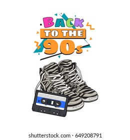 Pair of zebra sneakers and audio tape from 90s, retro style disco attributes, sketch vector illustration isolated on white background. Retro style sneakers and magnetic audio tape from nineties