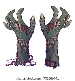 Pair of zombie hands rising from the ground and torn apart. lifelike depiction of the rotting flash with ragged skin, protruding bones and cracked nails. Conceptual art. EPS10 vector illustration