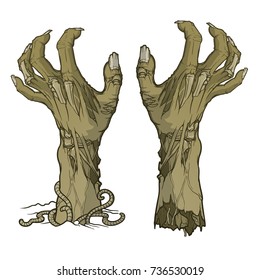 Pair of zombie hands rising from the ground and torn apart. lifelike depiction of the rotting flash with ragged skin, protruding bones and cracked nails. Monochrome Conceptual art. EPS10 vector