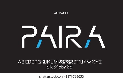 Fuente del alfabeto moderno digital PAIRA. Creativo abstracto urbano, futurista, moda, deporte, tipografía mínima de tecnología. Ilustración vectorial simple