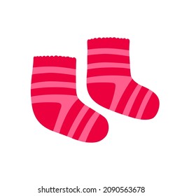 Paire of striped red and pink knitted socks. Flat vector illustration isolated on white.