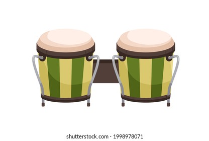 Paired bongos drum. African and Cuban percussion music instrument. Realistic folk object. Colored flat cartoon vector illustration isolated on white background