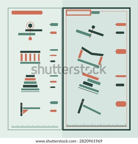 Paired comparison diagram showing the same bolt joint twice, once fitted correctly and once fitted badly, with a missing member, a tilted seating and doubled spacing on the failing side, framed as a correct and incorrect chart in mint charcoal colors with blank callout plates and a tick scale, flat vector artwork for instruction sheets and workplace training boards.