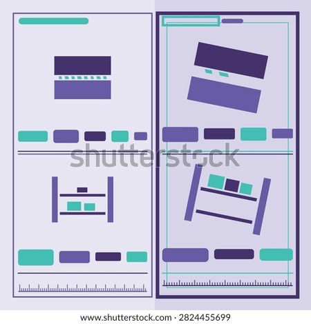 Paired comparison diagram showing the same pipe support twice, once fitted correctly and once fitted badly, with a missing member, a tilted seating and doubled spacing on the failing side, framed as a before and after chart in cyber violet colors with blank callout plates and a tick scale, flat vector artwork for instruction sheets and workplace training boards.