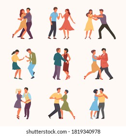 Paired Dancing Set. Woman With Man Circle Passionate Cuban Rumba Teens Rock Quickstep Stylish Male Female Characters Perform Incendiary Tango Guy Girl In Rhythm Salsa. Vector Cartoon.