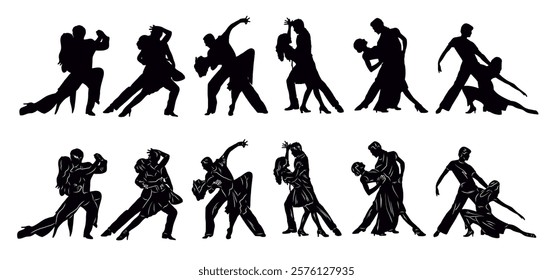 Paired dancing silhouettes of people, dancers man and woman, girl and guy. Vector illustration of dance. Tango. Waltz.