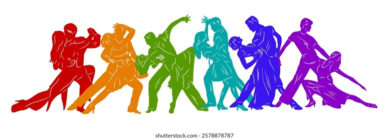 Paired dancing silhouettes of people, dancers man and woman, girl and guy. Vector illustration of dance. Tango. Waltz.