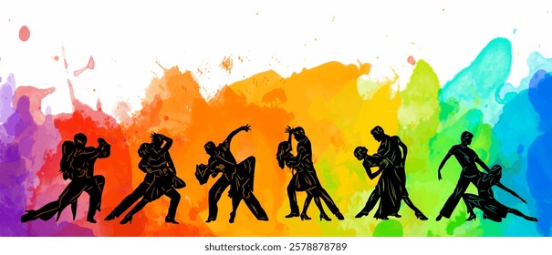 Paired dancing silhouettes of people, dancers man and woman, girl and guy. Vector illustration of dance. Tango. Waltz.