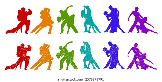 Paired dancing silhouettes of people, dancers man and woman, girl and guy. Vector illustration of dance. Tango. Waltz.