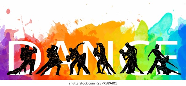 Paired dancing silhouettes of people, dancers man and woman, girl and guy. Vector illustration of dance. Tango. Waltz.