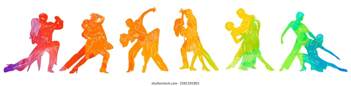 Paired dancing silhouettes of people, dancers man and woman, girl and guy. Vector illustration of dance. Tango. Waltz.