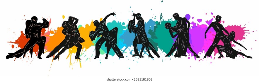 Paired dancing silhouettes of people, dancers man and woman, girl and guy. Vector illustration of dance. Tango. Waltz.