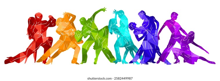 Paired dancing silhouettes of people, dancers man and woman, girl and guy. Illustration of dance. Tango. Waltz.