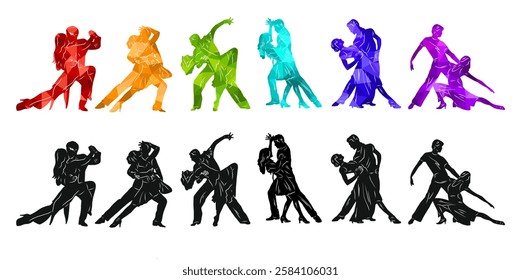 Paired dancing silhouettes of people, dancers man and woman, girl and guy. Illustration of dance. Tango. Waltz.