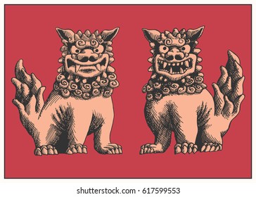 Paired figures of traditional Okinawa Shisas. Line art with pen and ink. Vector isolated.