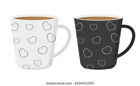 Tazas emparejadas. Tazas de café blanco y negro. Tazas de cerámica con corazones. Aislado sobre fondo blanco.