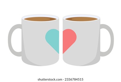 Paired mugs. White coffee mugs. Ceramic mugs with hearts. Isolated on white background.	
