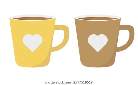 Paired mugs. Yellow and brown coffee mugs. Ceramic mugs with hearts. Isolated on white background.	
