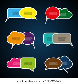 Paired Speech Bubble Set – Six Colorful Dialog Icon Pairs in Rectangular and Cloud Shapes on Dark Background. A dynamic set of six paired speech bubbles arranged in two rows against a dark background. Each pair features overlapping bubbles in distinct color combinations—blue-yellow, red-green, orange-purple, cyan-gray, pink-lime green, and brown-navy blue. The bubbles vary in shape, including rectangular and cloud-like forms, and contain placeholder text simulating dialogue. This graphic is ideal for illustrating communication, messaging, or conversation in UI, UX design, infographics, presentations, educational materials, or branding visuals. The layered layout and vibrant palette make it suitable for both professional and creative contexts.