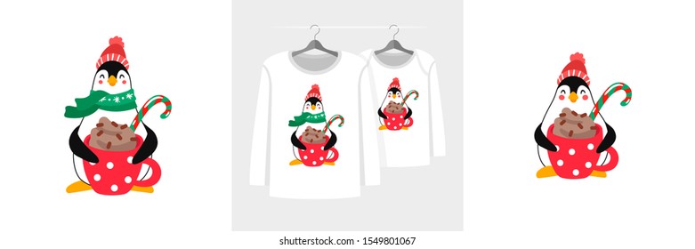 Paired t-shirt illustrations for parent and child with cozy penguin and cup of cocoa. Cute design on tee mockup. Baby print for clothes wear, room decor, t-shirt, baby shower invitation, card