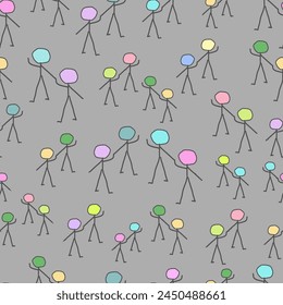 Pairs of colorful stick figures strolling hand in hand on a gray backdrop in vector seamless pattern. Funny kids surface art texture for printing or use in graphic design projects.