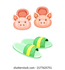 Pairs of Comfortable Slippers as Light Soft Textile Footwear for Home and Indoors Wear Vector Set