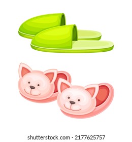 Pares de zapatillas cómodas como calzado de tela suave para el hogar y conjunto de vectores de uso interior