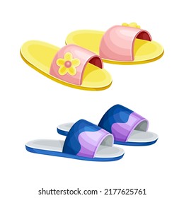 Pairs of Comfortable Slippers as Light Soft Textile Footwear for Home and Indoors Wear Vector Set