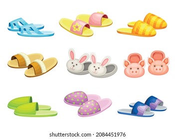 Pairs of comfortable slippers set, Soft textile footwear for home, flip flops shoes cartoon vector illustration