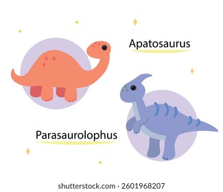 pairs of dinosaurs of different species, cute, child-friendly scientific illustrations, paleontology, Apatosaurus, Parasaurolophus