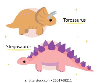 pairs of dinosaurs of different species, cute, child-friendly scientific illustrations, paleontology, Torosaurus, Stegosaurus