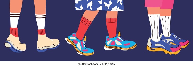 Pairs of feet in sneakers and socks in a trendy modern style. Groovy. Vector illustration. Isolated. Hand drawn and doodle postcard with a set of boots. Icons collection. Footwear elements