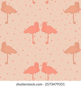 pairs of flamingos flamingos on repetitive background with hearts. valentine card. vector seamless pattern. baby fabric swatch. wrapping paper. continuous design element for home decor, textile, linen